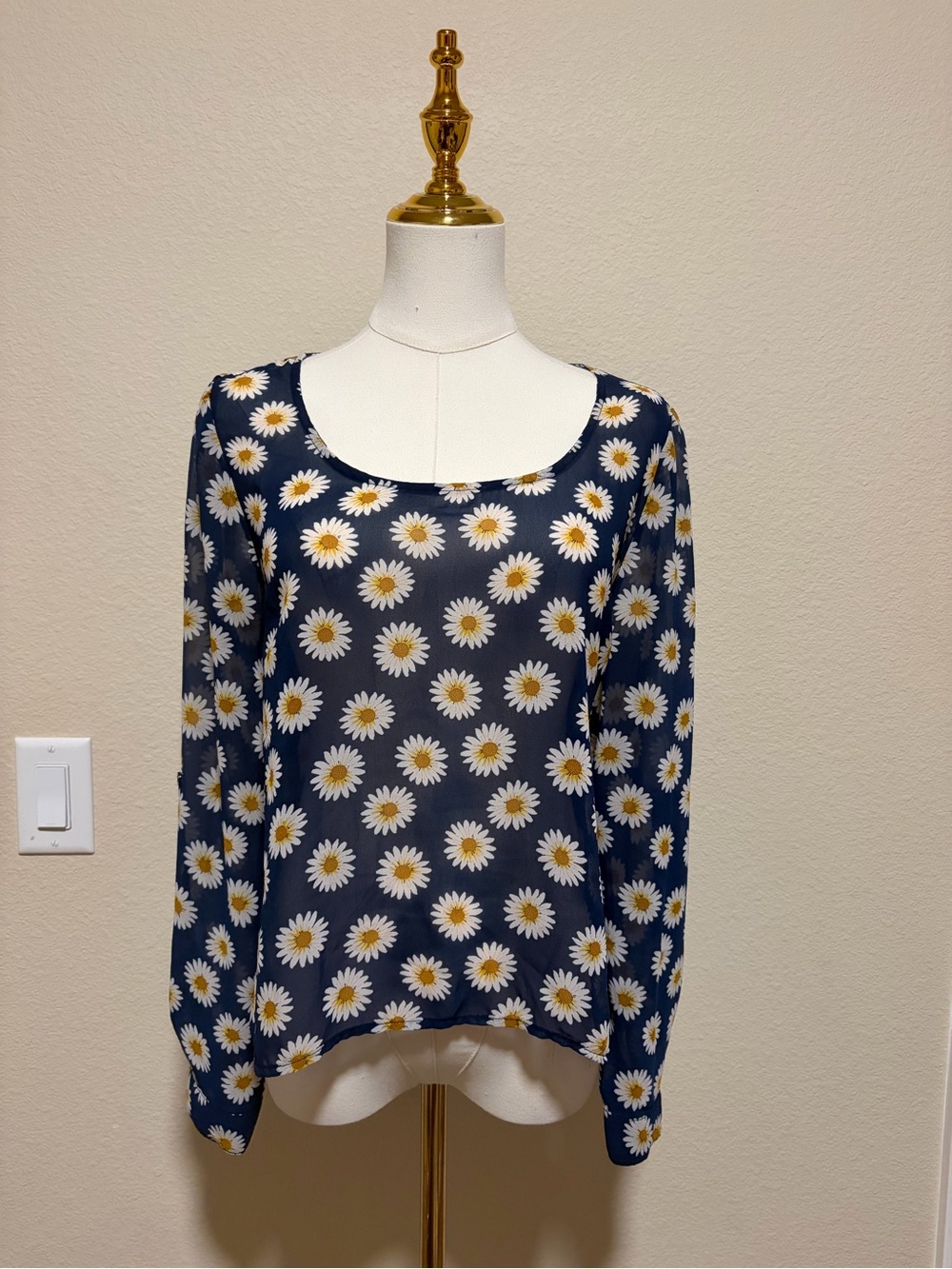 MISS DAISY Navy Daisy Print Blouse with Long Sleeves